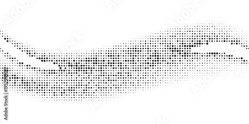 Black halftone dot wave pattern. Abstract grain fluid texture. Dotted curve wallpaper. Grit undulate swoosh overlay for poster, banner, brochure, flyer, leaflet, brochure. Vector rasterized background