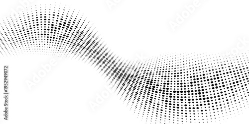 Black halftone dot wave pattern. Abstract grain fluid texture. Dotted curve wallpaper. Grit undulate swoosh overlay for poster, banner, brochure, flyer, leaflet, brochure. Vector rasterized background