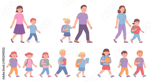 A colorful vector graphic illustration of children and adults walking together in a flat design style on transparent background