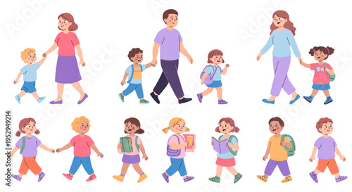A colorful vector illustration of adults and children walking together in a flat design style on transparent background