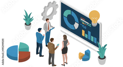 A group of business professionals discussing data analysis on a large computer screen with graphs and charts on transparent background