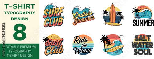 Surf summer t-shirt typography design vector set with ocean waves