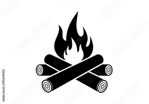 Campfire vector illustration, a black and white drawing of logs burning with flames, representing warmth and outdoor adventure