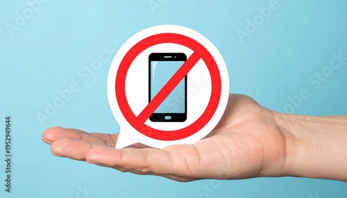 Conceptual Flat Lay of a Hand Holding a White Speech Bubble with a Red Prohibition Slash Over a Smartphone Symbolizing a Digital Detox or 