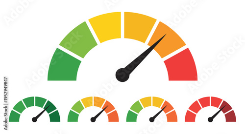 Five, gauge icons showing varying levels from green to red, indicating rank titles, performance states, progress indicators, status levels, business metrics, and alert visualization.