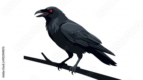 Black Crow Raven Perched on Branch Illustration