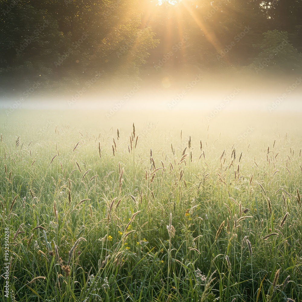 Obraz premium An enchanted meadow glowing with magical sunlight and covered in a gentle haze, perfect for abstract natural fantasy backdrops, background, serene, atmosphere