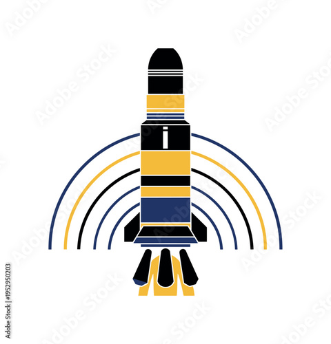 Black and white realistic rocket exhaust plume simplified into bold geometric shapes and cylinders, concentric arcs spreading outward like