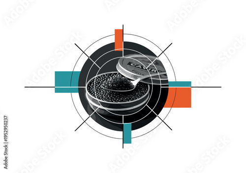 Black and white luxury caviar tin opened with spoon detail enlarged, concentric circular frames and sharp linear dividers highlighting texture, flat teal and