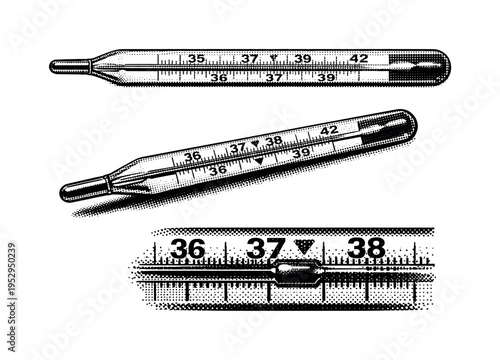 Vintage mercury thermometer medical device showing a traditional glass mercury thermometer with scale markings presented in three views: straight, angled, and