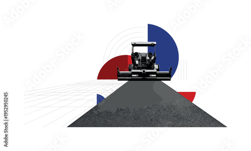 Black and white asphalt paver laying a smooth path, abstract semicircles and thin linear grids structuring the forward motion, deep red and ultramarine flat