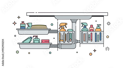 Under sink organization concept featuring pull out trays and vertical dividers keeping cleaning supplies and toiletries neatly separated. The compact scene