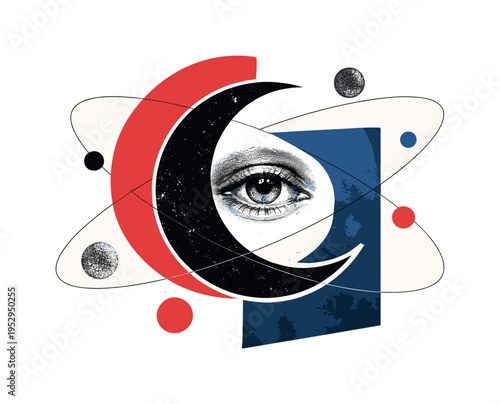 black and white crescent moon cut-out with a small vintage eye inside it, thin orbital lines and abstract circular planets around the composition, bold red and