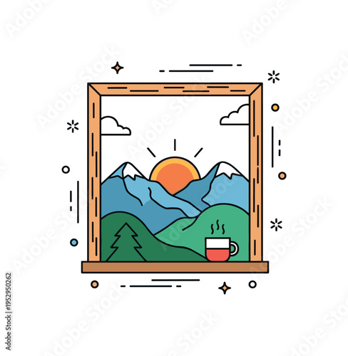 Mountain sunset view from cabin window featuring a simple wooden frame outlining layered hills and a descending sun, with a small steaming mug on the sill