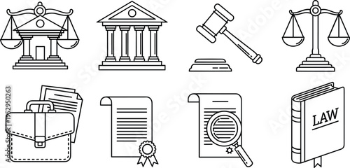 Legal law and justice line icons set with courthouse scales gavel documents contract briefcase book and judiciary symbols collection