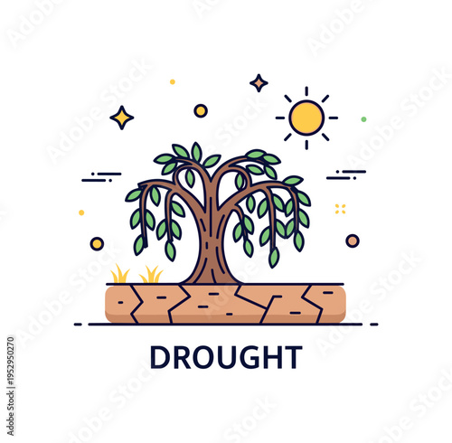 Drought represented by a lone tree with drooping leaves in cracked soil under a bright sun, conveying desolation, heat, and environmental urgency. Minimalist