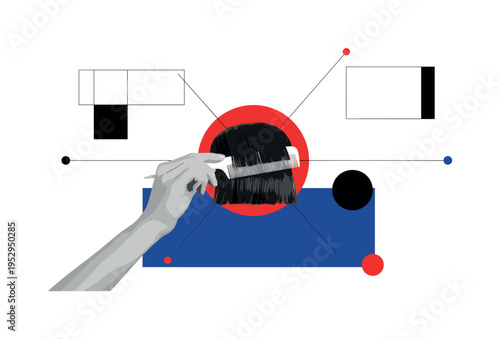 Black and white hand combing bangs straight before cutting, bold red circular accent centered behind the comb, deep blue rectangle grounding lower composition,