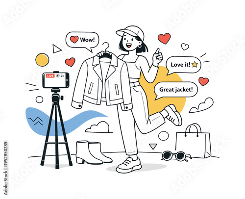 Live Style Stream. Fashion influencer presenting a new jacket during a live stream, smartphone on tripod, floating hearts and comments appearing around the