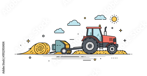 Haying tractor moving across a sunny field, pulling a hay baler with freshly cut hay rolling behind, emphasizing farming, harvest, and rural life. Minimalist