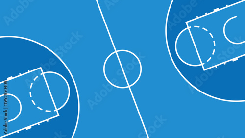 Blue basketball court's layout with white lines on a solid blue surface, white boundary lines, and dark blue zones.