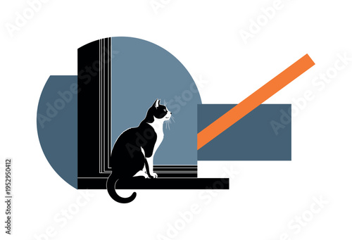 Black and white cat silhouette sitting on a window sill looking outward, large muted blue semicircle framing the outside view, thin orange diagonal stripe