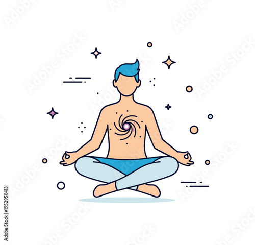 Cosmic perspective and inner self awareness visualized by a meditating human figure floating cross legged in space with a small galaxy swirl positioned at the
