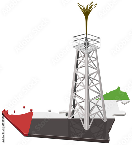 3D map of the United Arab Emirates with an oil derrick gushing crude oil, representing Middle East energy sector, fuel economy, and petroleum wealth. (cut out)