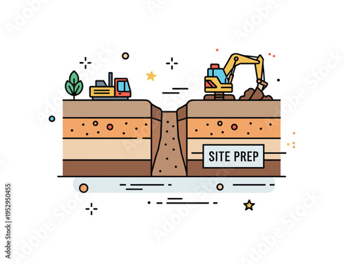 Excavated trench concept centered on a cross section view of soil layers and a narrow ditch cut into the ground. A small ?Site Prep? text detail emphasizes
