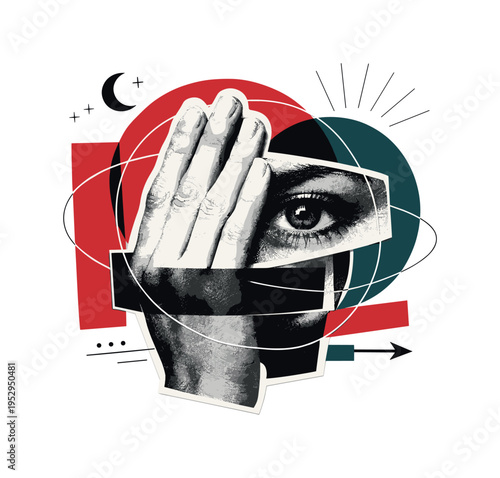 human eye and hand combined in layered collage, hand partially covering the eye, intersecting circles and rectangular blocks symbolizing mystery and awareness,