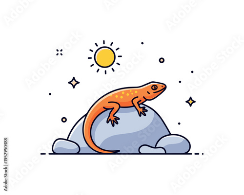 Desert lizard scene vibrant lizard basking on a simple rock shape beneath a small sun icon, symbolizing survival and resilience in arid landscapes. A warm