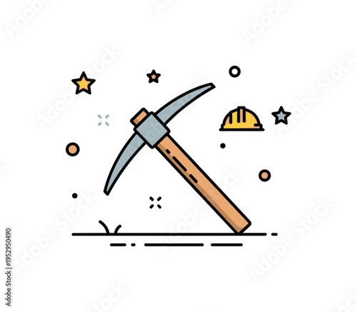 Construction and excavation concept featuring a sturdy pickaxe positioned diagonally above a simple ground line, expressing groundwork and site preparation.