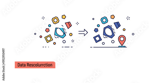 Data reconstruction process scattered geometric shapes reorganizing into a complete object silhouette. A clean micro scene symbolizing disassembly and perfect