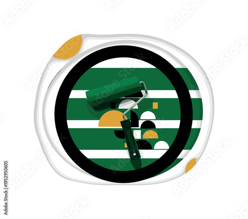 A monochrome stencil roller applying paint in clean horizontal bands, patterns revealed as flat geometric semicircles and abstract blocks, large bold circle