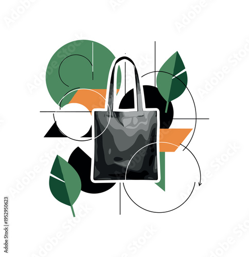 A black and white reusable tote bag in retro photographic style, layered as a cut-out object with subtle white outline, bold geometric circles and flat