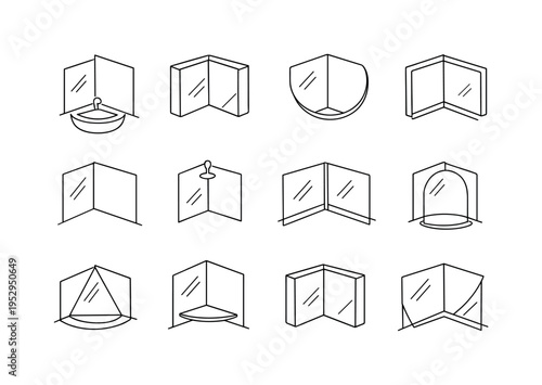 Corner bathroom mirror design. Minimalistic set one-line drawing [corner sink with mirror, mirrored cabinet in corner, round corner bathroom mirror, LED corner