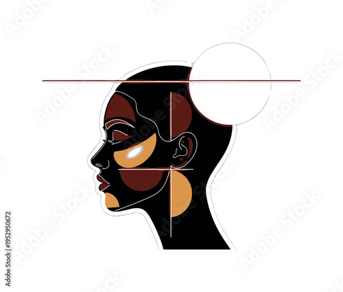 A monochrome female face in profile with bronzer and highlighter areas marked by abstract geometric blocks and semicircles, large flat circle behind