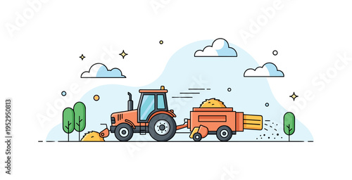 Haying tractor pulling a baler under a partly cloudy sky with a few trees in the background, emphasizing farm machinery and harvest efficiency. Minimalist flat