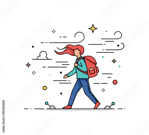 Person walking through a windstorm with hair and clothes blown by gusts, carrying a backpack, representing bravery, determination, and forward