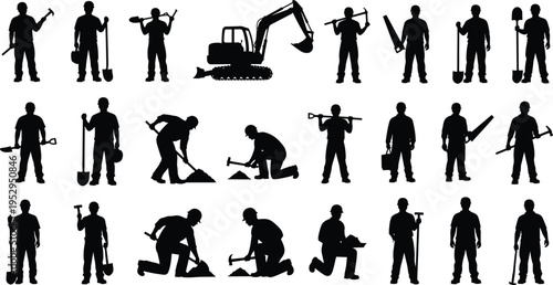 construction worker silhouettes set, heavy equipment excavator tools, industrial labor activities, building site workforce, engineering construction, manual work, professional workers