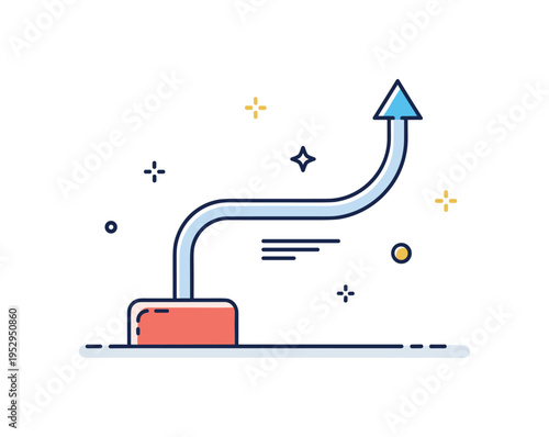 Adaptive mindset symbolized by a flexible curved line bending around an obstacle block and continuing upward. The scene expresses strategic thinking, agility,