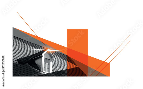 Black and white angled perspective of rocking chair casting elongated shadow from window light, layered with blue rectangular blocks and circular accents