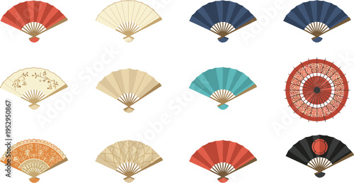 Cartoon traditional hand fan and umbrella illustration with floral, lace, and geometric designs for cultural themes