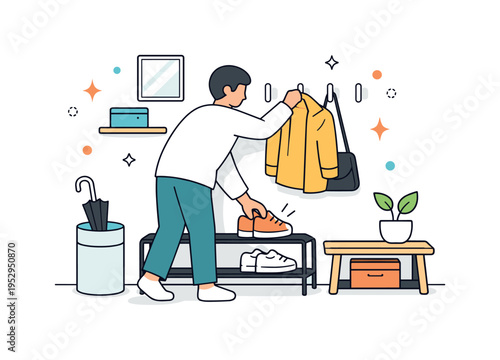 Stylish and functional hallway setup. A person steps in and places shoes onto a rack while hanging a coat on a clean wall hook, everything arranged with visual