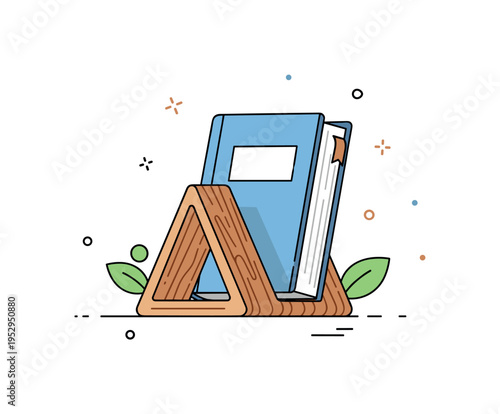 Elegant wooden recipe holder illustrated by a simple triangular stand with a cookbook resting securely and subtle leaf accents, expressing natural materials