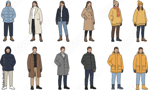 Cartoon winter fashion illustration with men and women in coats, jackets, scarves, and boots for cold weather design