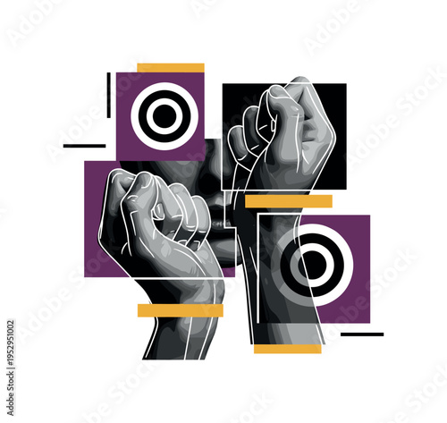 Black and white close-up of clenched jaw and tense neck muscles, large red semicircle behind head representing pressure, blue geometric rectangle anchoring