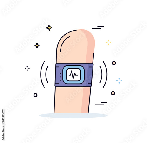 Health monitoring patch small wearable sensor placed on upper arm with subtle pulse waves radiating outward. A focused editorial badge about preventive