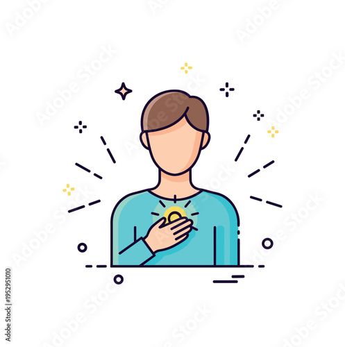 Spiritual clarity silhouette with small light source glowing at chest level, rays extending gently outward. A modern concept badge about inner illumination and