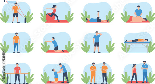 Cartoon physical therapy rehabilitation illustration with patients and therapists doing exercises, stretching, and recovery activities