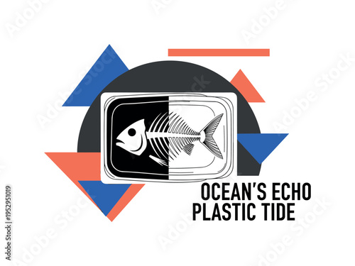 Black and white fish skeleton combined with plastic packaging outline, bold semicircle backdrop reinforcing ocean theme, bright ultramarine and warm coral flat